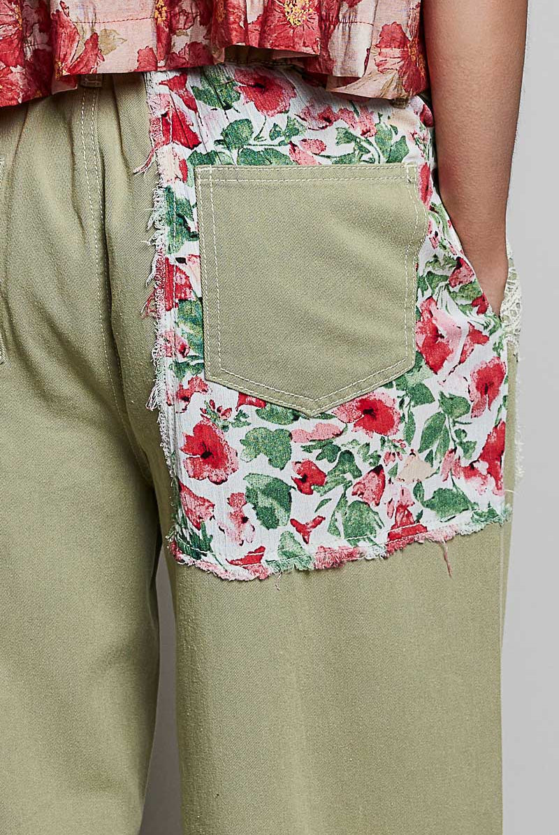 Drawstring Floral Patch Denim Pants Deep Sage-Pants-POL Clothing-Stuffology - Where Vintage Meets Modern, A Boutique for Real Women in Crosbyton, TX