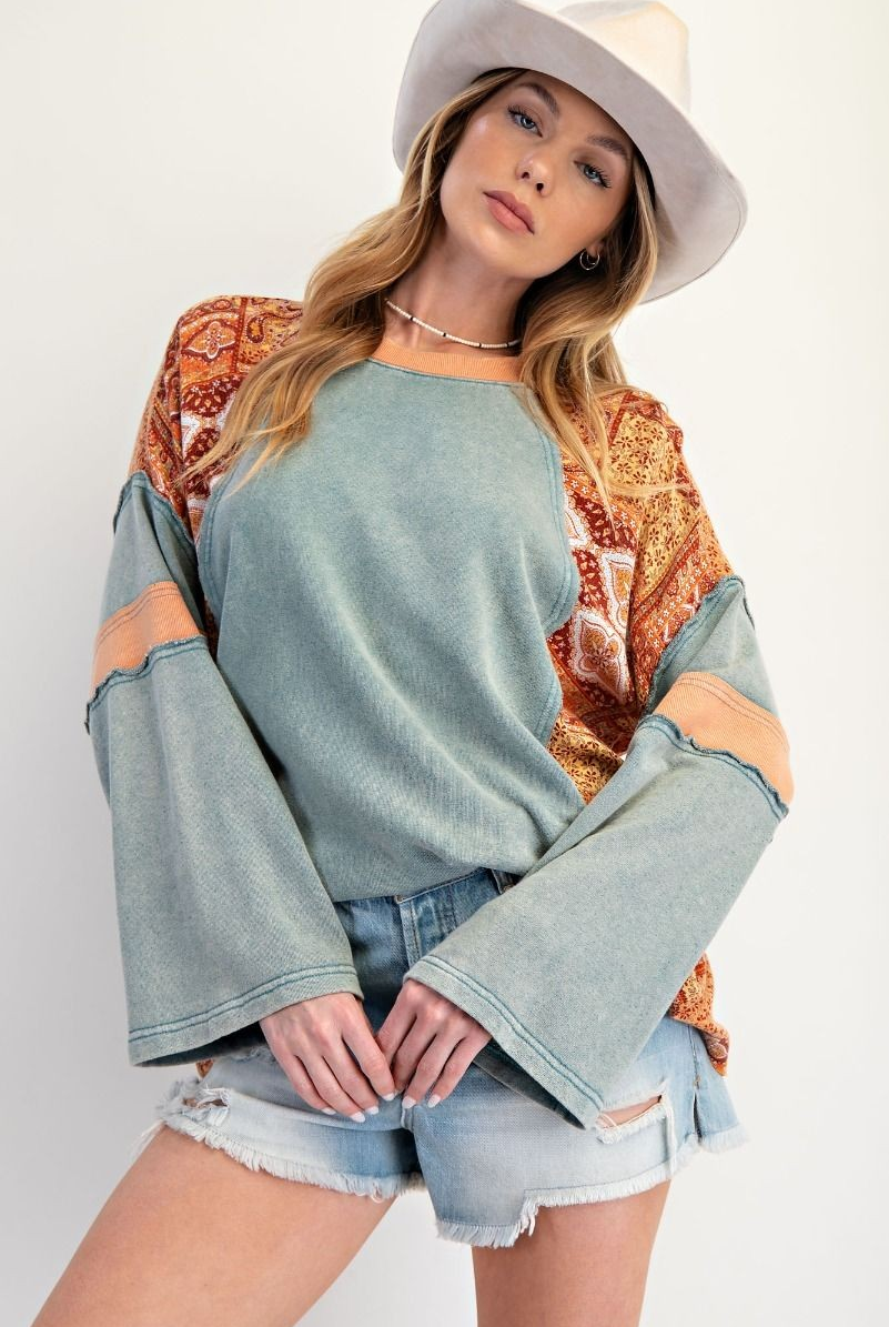 FADED TEAL PRINT MIX WASHED COTTON JERSEY TOP-Top-Easel-Stuffology - Where Vintage Meets Modern, A Boutique for Real Women in Crosbyton, TX