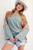 FADED TEAL PRINT MIX WASHED COTTON JERSEY TOP-Top-Easel-Stuffology - Where Vintage Meets Modern, A Boutique for Real Women in Crosbyton, TX