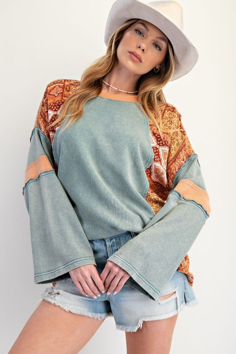 FADED TEAL PRINT MIX WASHED COTTON JERSEY TOP-Top-Easel-Stuffology - Where Vintage Meets Modern, A Boutique for Real Women in Crosbyton, TX