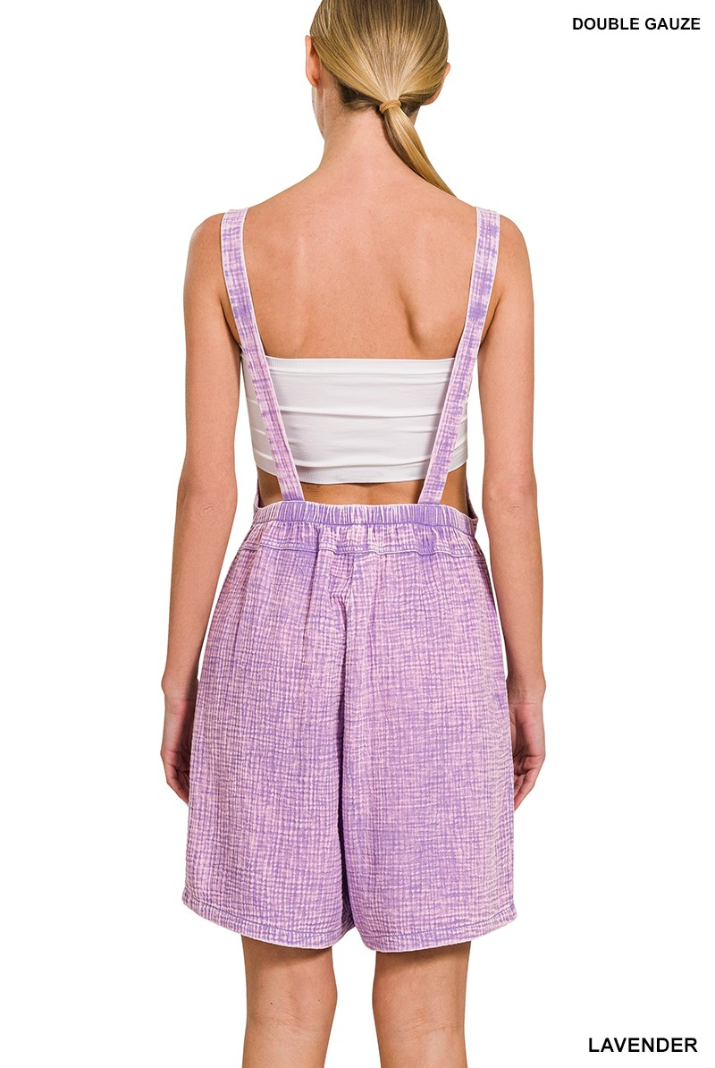 VIOLET LAVENDER WASHED DOUBLE GAUZE ELASTIC WAIST OVERALLS / STUFFOLOGY BOUTIQUE-Shorts-Zenana-Stuffology - Where Vintage Meets Modern, A Boutique for Real Women in Crosbyton, TX