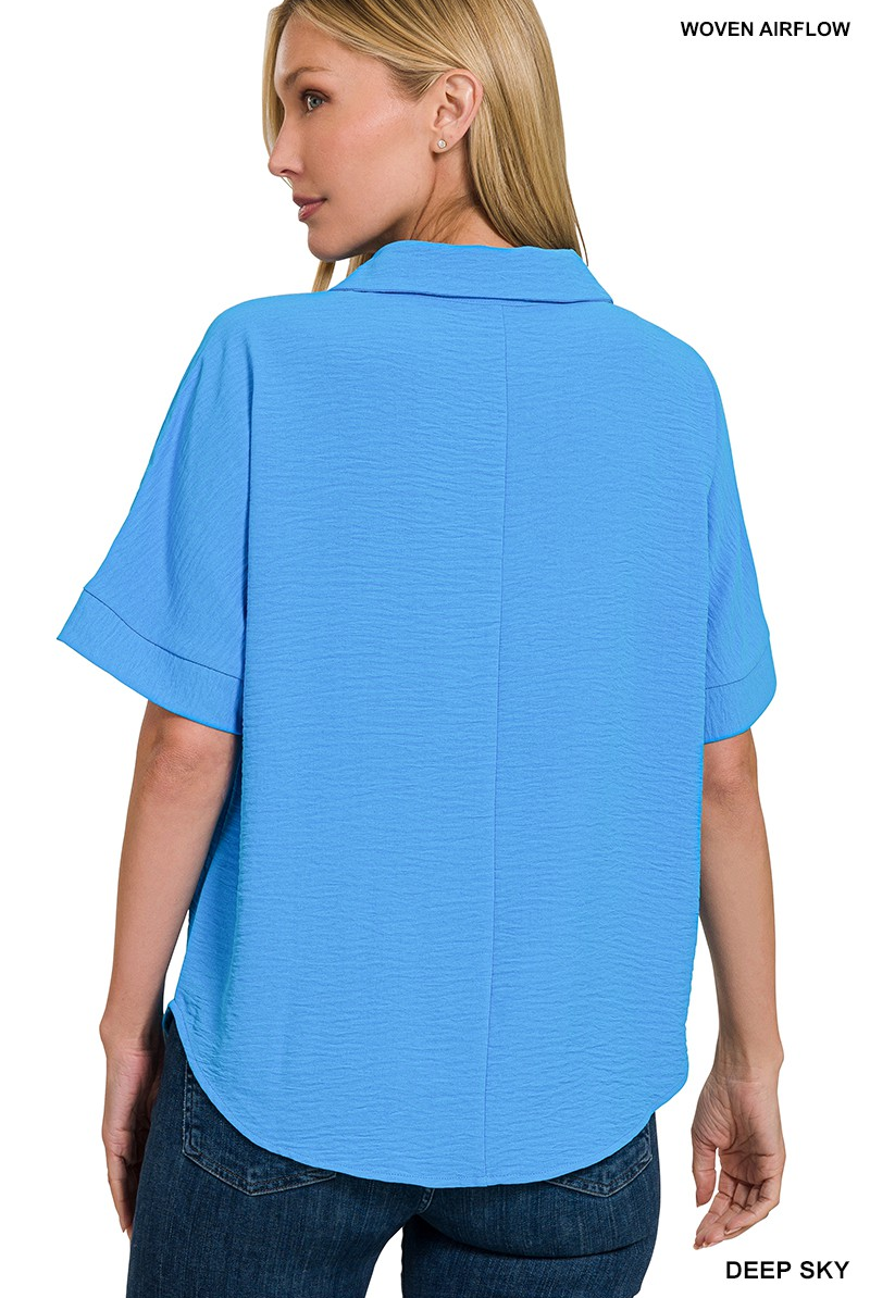 TURQUOISE WOVEN AIRFLOW COLLARED V-NECK SHORT SLEEVE TOP | Stuffology Boutique-Short Sleeves-Zenana-Stuffology - Where Vintage Meets Modern, A Boutique for Real Women in Crosbyton, TX
