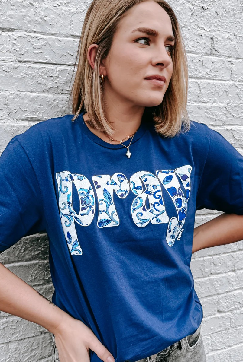 Pray Blue Floral Graphic Tee-Graphic Tees-Prickly Pear TX-Stuffology - Where Vintage Meets Modern, A Boutique for Real Women in Crosbyton, TX