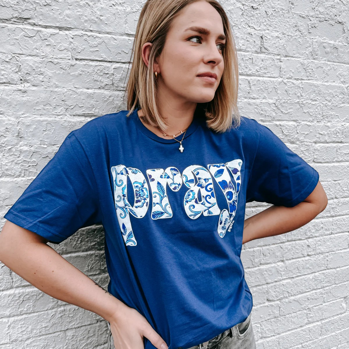 Pray Blue Floral Graphic Tee-Graphic Tees-Prickly Pear TX-Stuffology - Where Vintage Meets Modern, A Boutique for Real Women in Crosbyton, TX