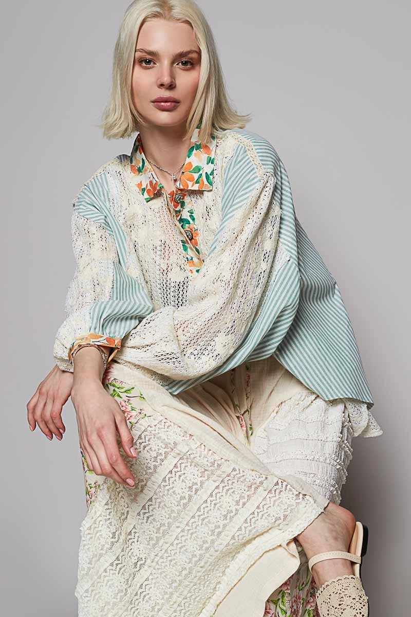 POL Clothing Button Up Balloon Sleeve Oversized Top-TOP-Stuffology Boutique -Stuffology - Where Vintage Meets Modern, A Boutique for Real Women in Crosbyton, TX