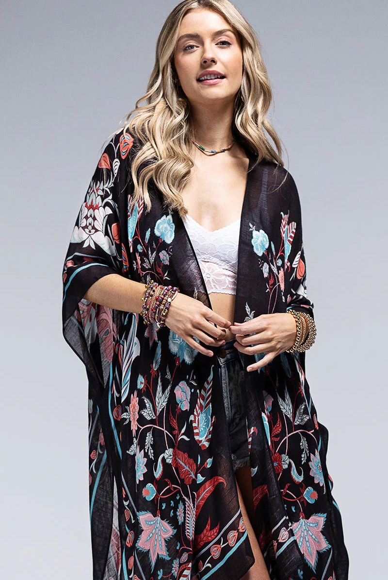 Boho Style!! Teal and Black Leaf and Flower Print Kimono!! / STUFFOLOGY BOUTIQUE-Kimonos-Urbanista-Stuffology - Where Vintage Meets Modern, A Boutique for Real Women in Crosbyton, TX