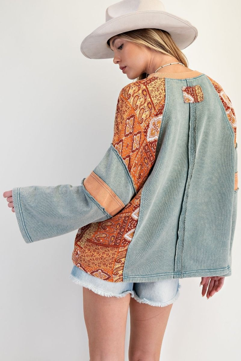 FADED TEAL PRINT MIX WASHED COTTON JERSEY TOP-Top-Easel-Stuffology - Where Vintage Meets Modern, A Boutique for Real Women in Crosbyton, TX