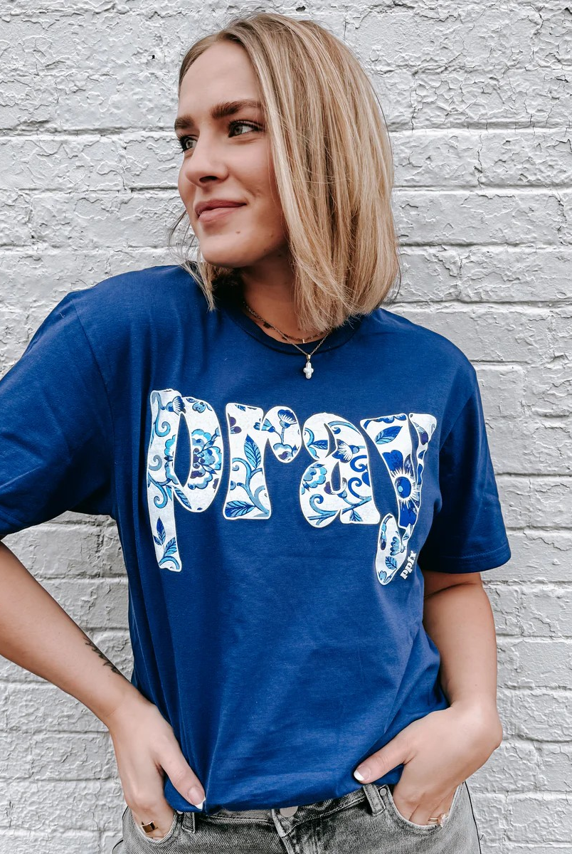 Pray Blue Floral Graphic Tee-Graphic Tees-Prickly Pear TX-Stuffology - Where Vintage Meets Modern, A Boutique for Real Women in Crosbyton, TX