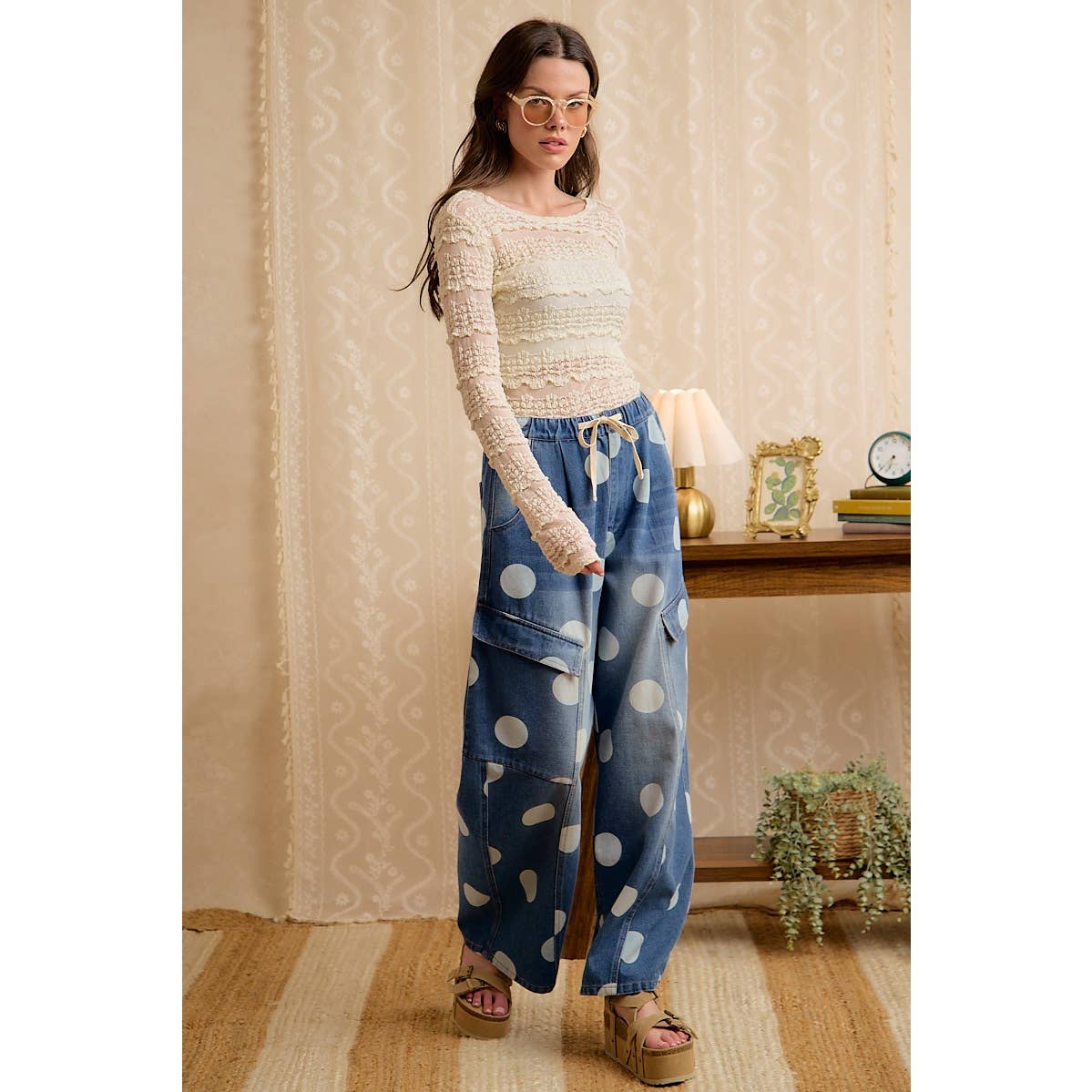 WASHED POLKA DOT DENIM BARREL PANTS WITH CARGO POCKETS-BiBi-Stuffology - Where Vintage Meets Modern, A Boutique for Real Women in Crosbyton, TX
