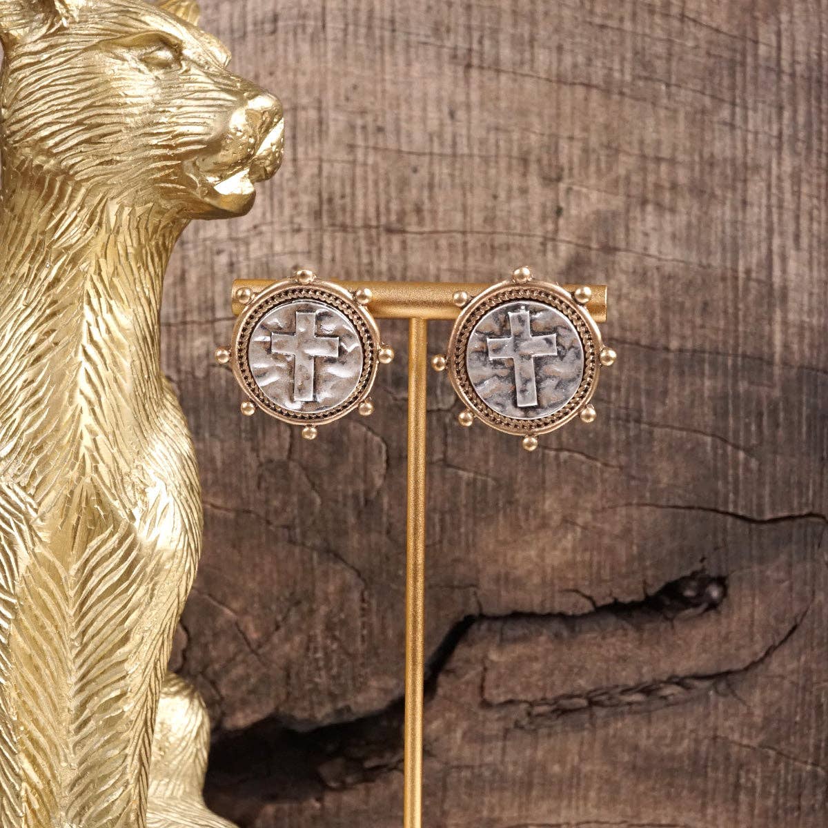 Divine Duo – Two-Tone Cross Coin Stud Earrings-Earrings-PennyLine inc-Stuffology - Where Vintage Meets Modern, A Boutique for Real Women in Crosbyton, TX