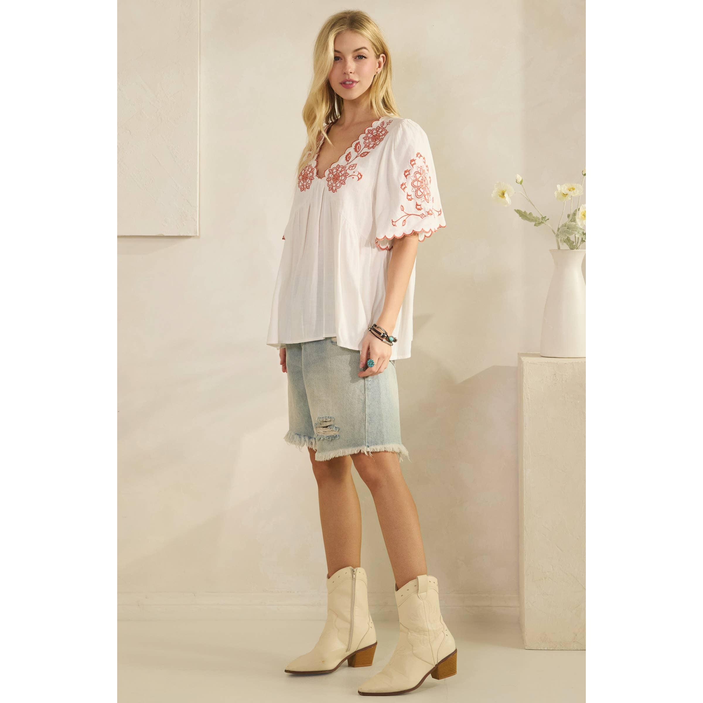 SCALLOPED BOHO EMBROIDERED BLOUSE (ST7681)-Sage + Fig-Stuffology - Where Vintage Meets Modern, A Boutique for Real Women in Crosbyton, TX