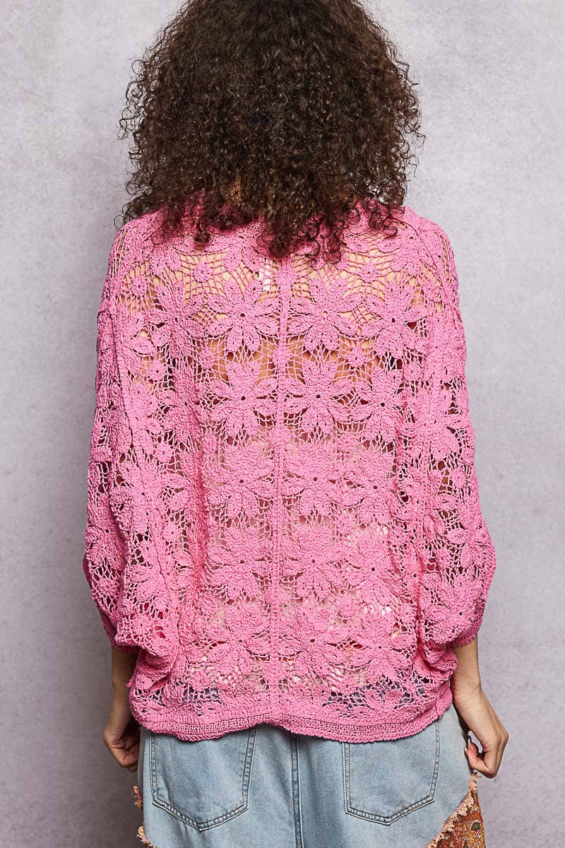 3/4 Sleeve Crochet Button Down Bubble Gum Pink Cardigan-Pol Clothing-Stuffology - Where Vintage Meets Modern, A Boutique for Real Women in Crosbyton, TX