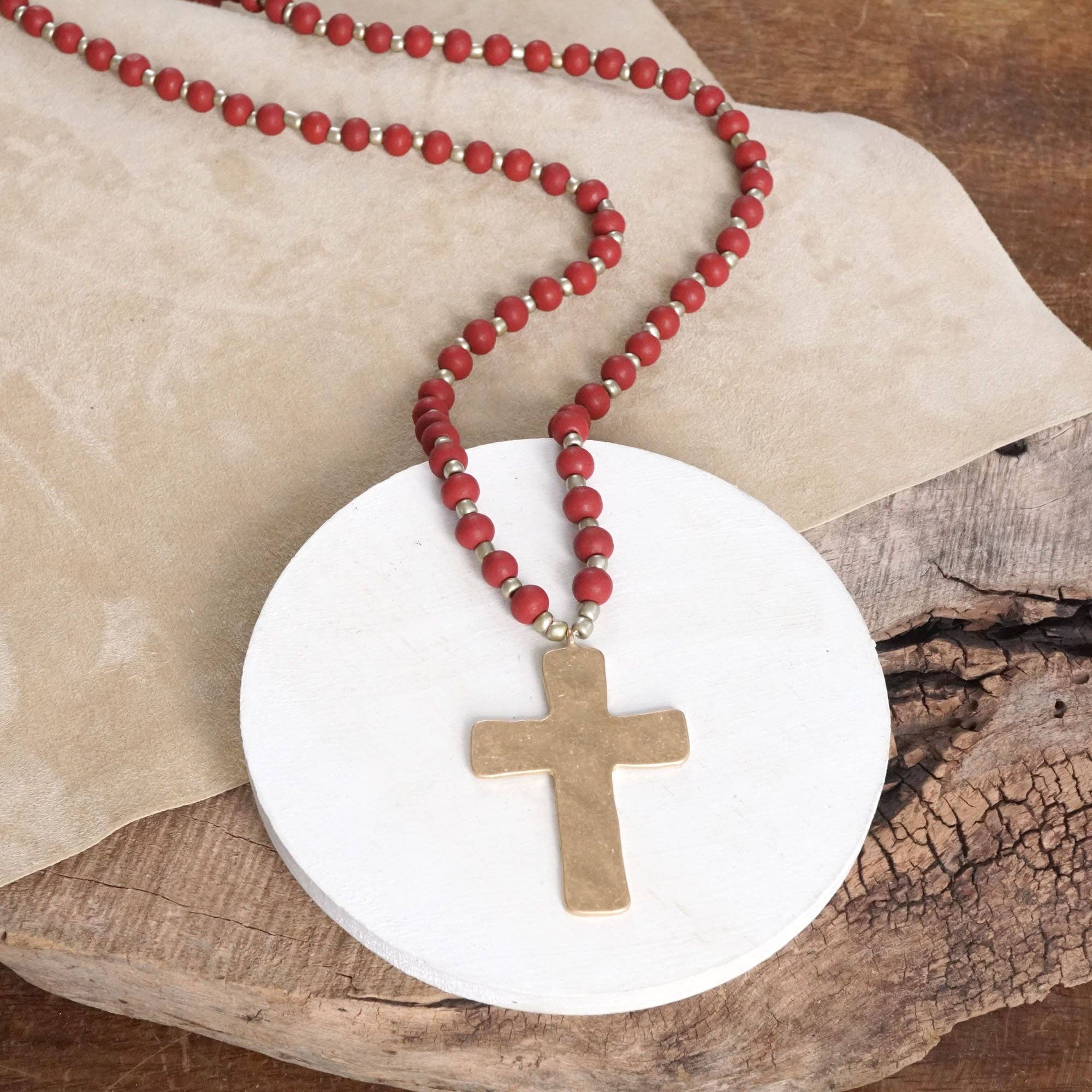 Long Wooden Bead Necklace with Gold Cross-Necklaces-PennyLine inc-Stuffology - Where Vintage Meets Modern, A Boutique for Real Women in Crosbyton, TX