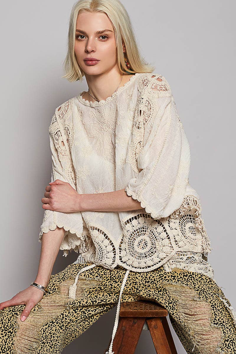 POL Clothing Round Neck Short Sleeve Floral Embroidery Top-TOP-Pol Clothing-Stuffology - Where Vintage Meets Modern, A Boutique for Real Women in Crosbyton, TX