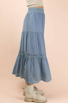 Tiered Layers Solid Woven Skirt W/ Lace Trim-Skirts-VERY J-Stuffology - Where Vintage Meets Modern, A Boutique for Real Women in Crosbyton, TX