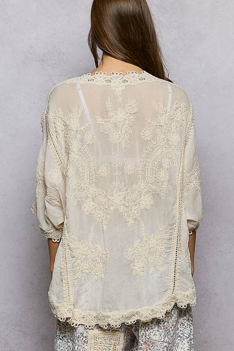 POL Clothing V-neck Short Sleeve Floral Embroidered Crochet Blouse Top-Crochet Top-Pol Clothing-Stuffology - Where Vintage Meets Modern, A Boutique for Real Women in Crosbyton, TX