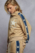 Long sleeve French terry star patch striped elastic jacket-Jackets-Pol Clothing-Stuffology - Where Vintage Meets Modern, A Boutique for Real Women in Crosbyton, TX