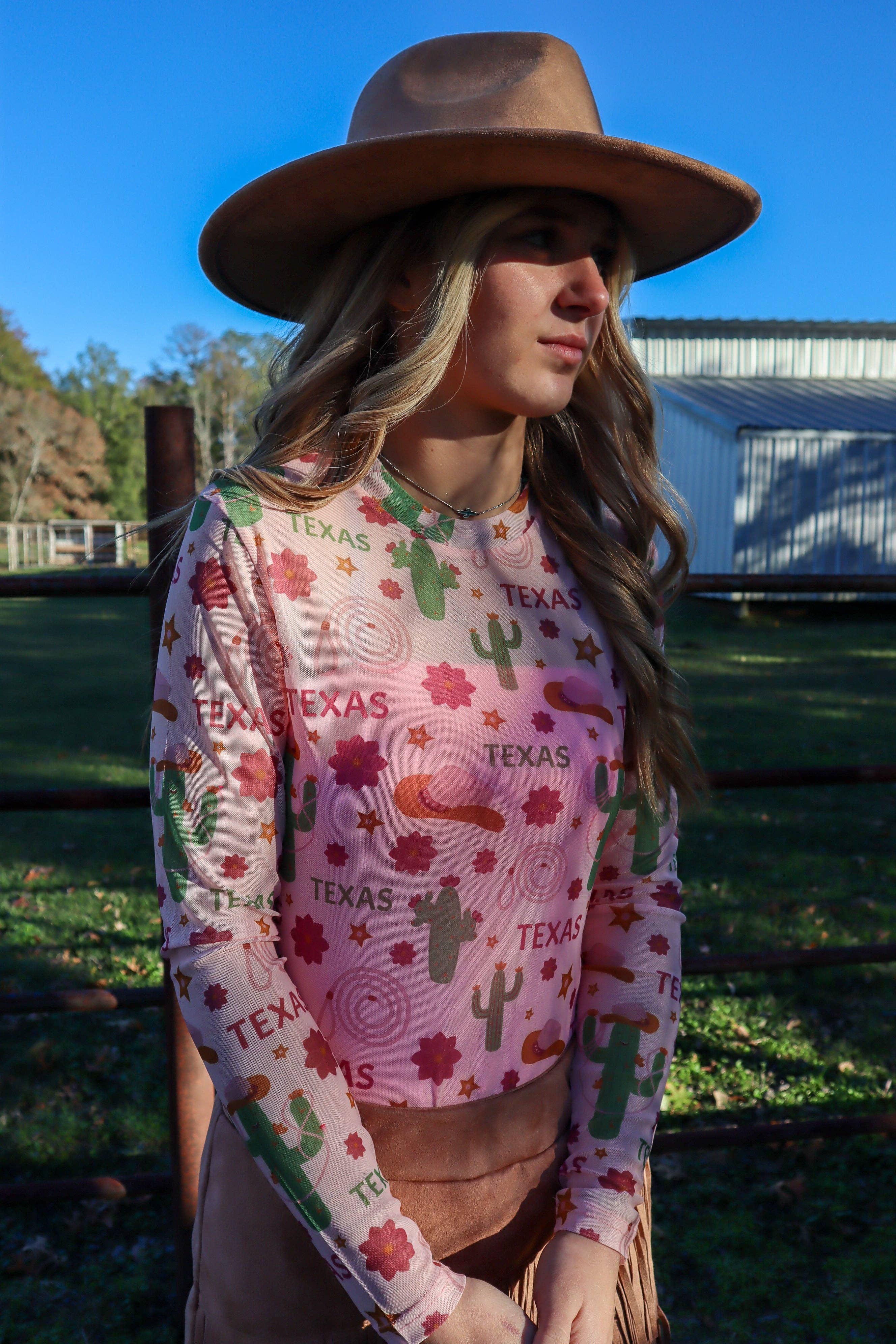 Pastel Texas Cactus Long Sleeve Mesh Top / Stuffology Boutique-Tops-Merigold Kiss-Stuffology - Where Vintage Meets Modern, A Boutique for Real Women in Crosbyton, TX