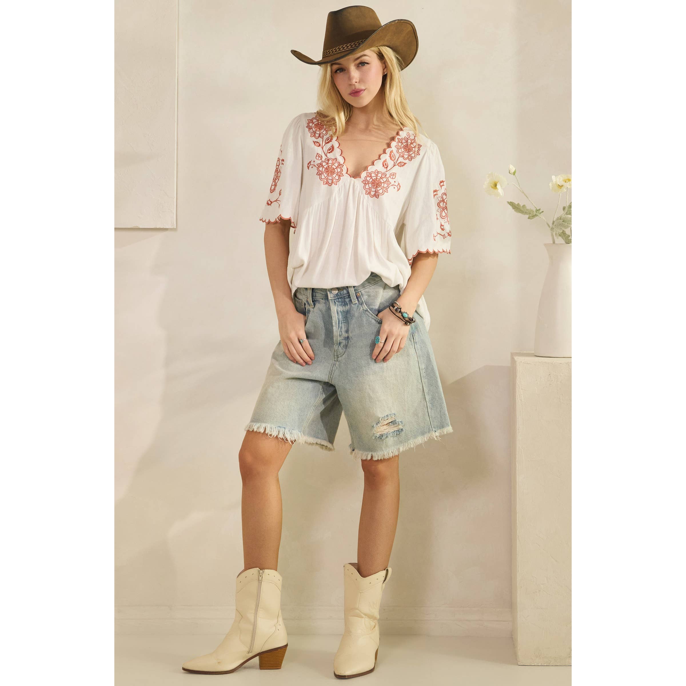 SCALLOPED BOHO EMBROIDERED BLOUSE (ST7681)-Sage + Fig-Stuffology - Where Vintage Meets Modern, A Boutique for Real Women in Crosbyton, TX