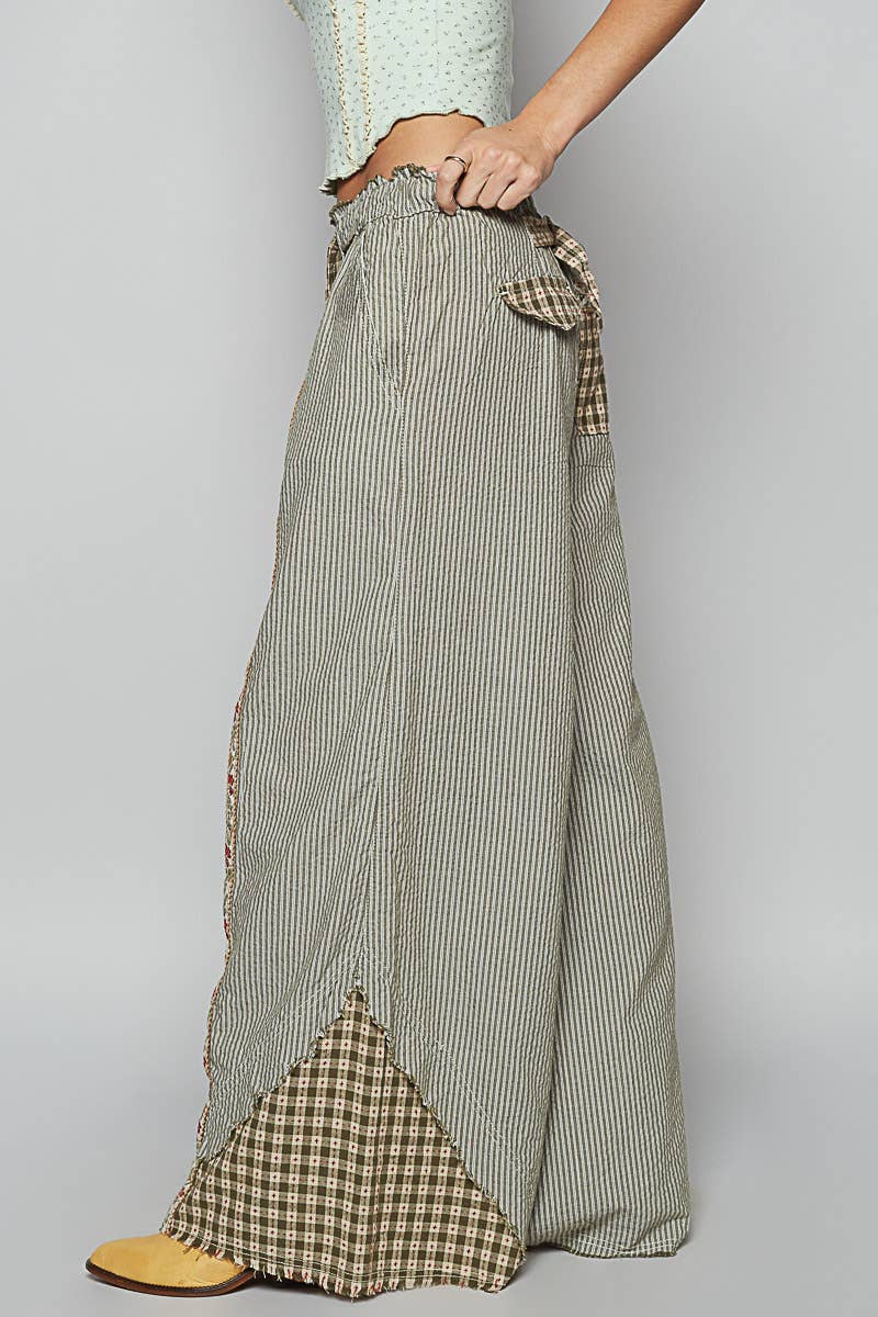 POL Clothing Olive Multi Contrast Panel Detail Print Woven Pants-Pants-Pol Clothing-Stuffology - Where Vintage Meets Modern, A Boutique for Real Women in Crosbyton, TX