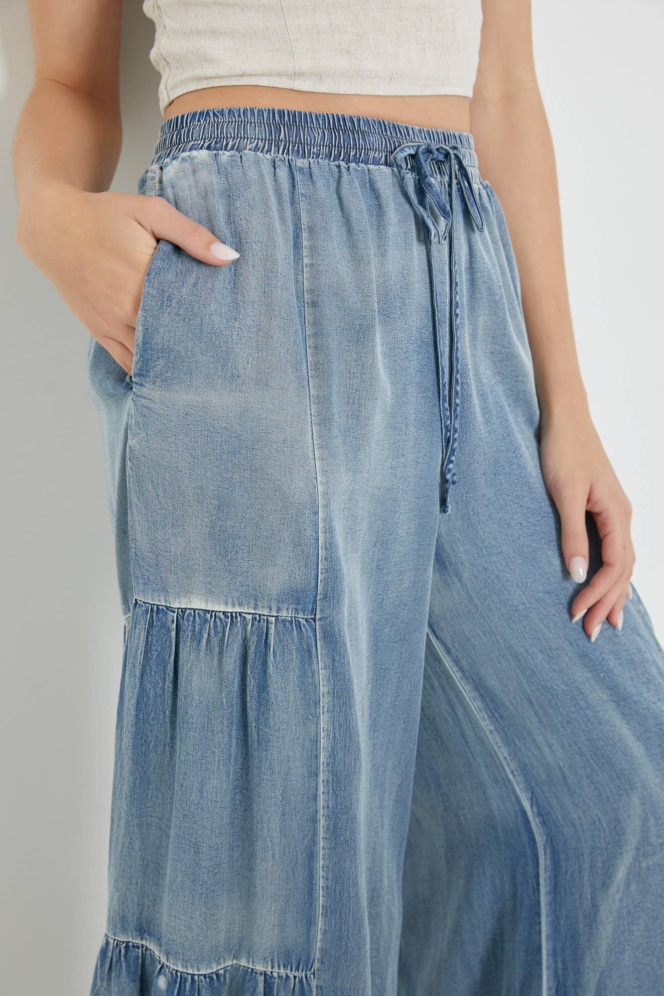 RUFFLED SIDE WASHED DENIM WIDE PANTS /STUFFOLOGY BOUTIQUE-Jeans-Mustard Seed-Stuffology - Where Vintage Meets Modern, A Boutique for Real Women in Crosbyton, TX