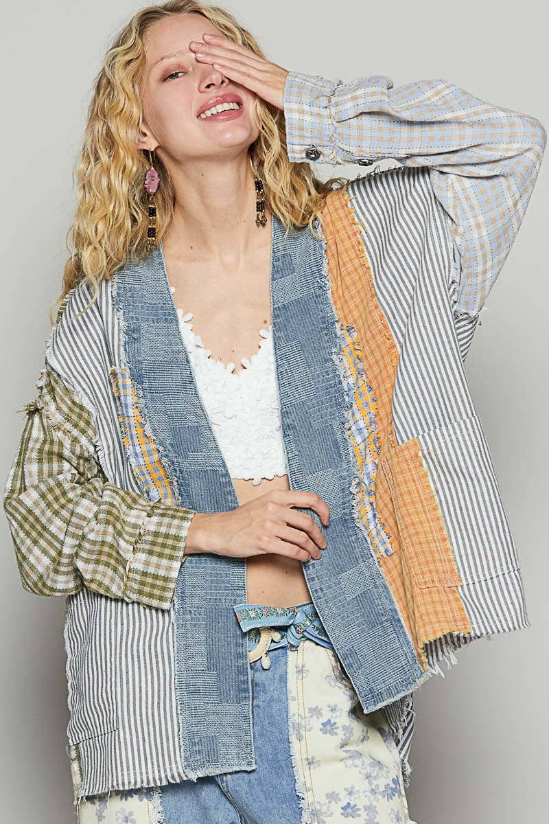 V-neck contrast printed woven cardigan top SALE-Pol Clothing-Stuffology - Where Vintage Meets Modern, A Boutique for Real Women in Crosbyton, TX