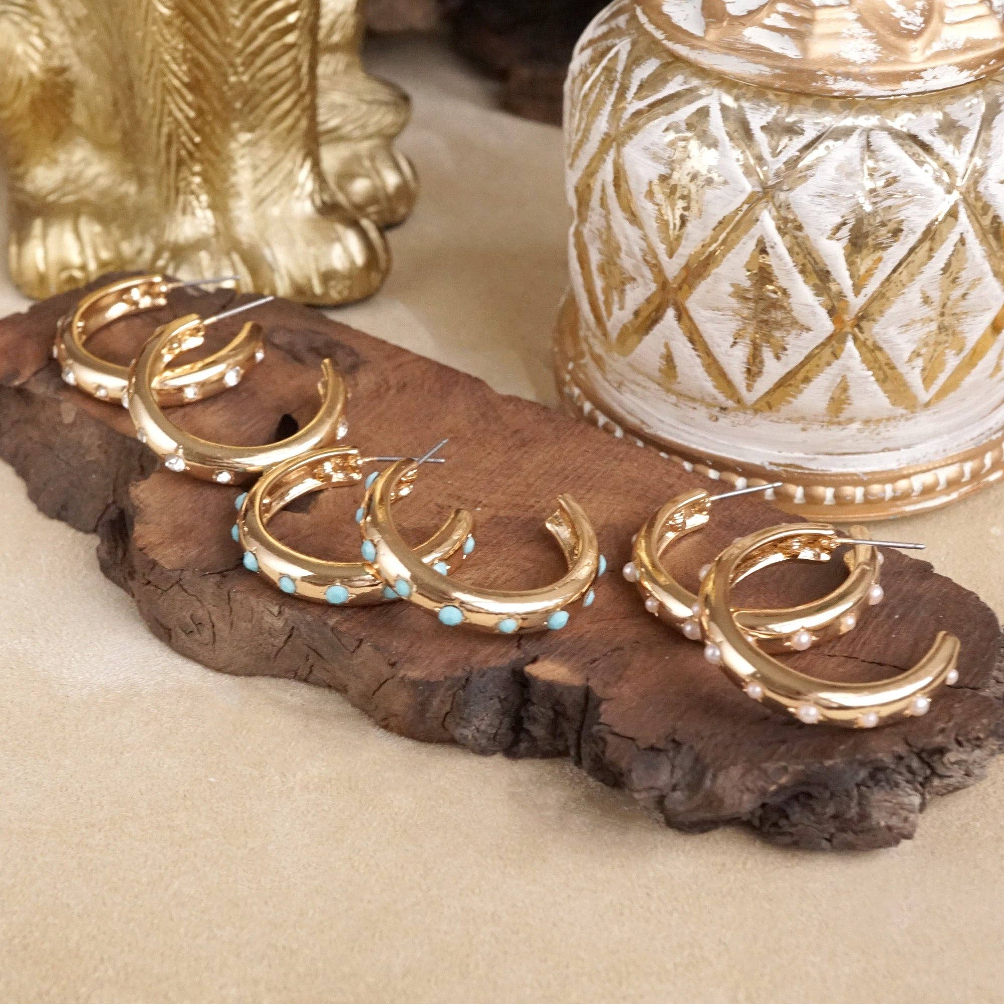 Classic Bubble Hoops – Gold with Crystal, Pearl, or Turquoise-Earrings-PennyLine inc-Stuffology - Where Vintage Meets Modern, A Boutique for Real Women in Crosbyton, TX