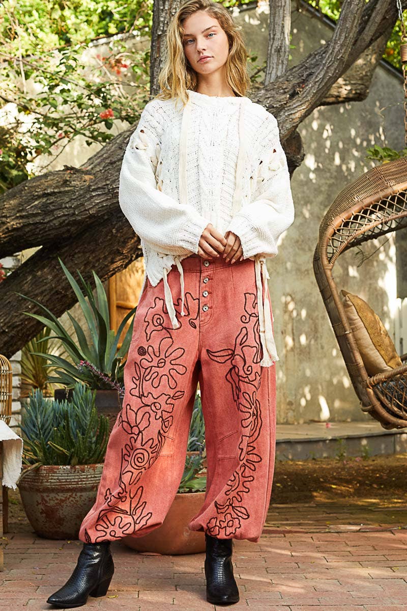 POL Clothing Floral Embroidered Pattern Solid Twill Pants-Pants-Pol Clothing-Stuffology - Where Vintage Meets Modern, A Boutique for Real Women in Crosbyton, TX