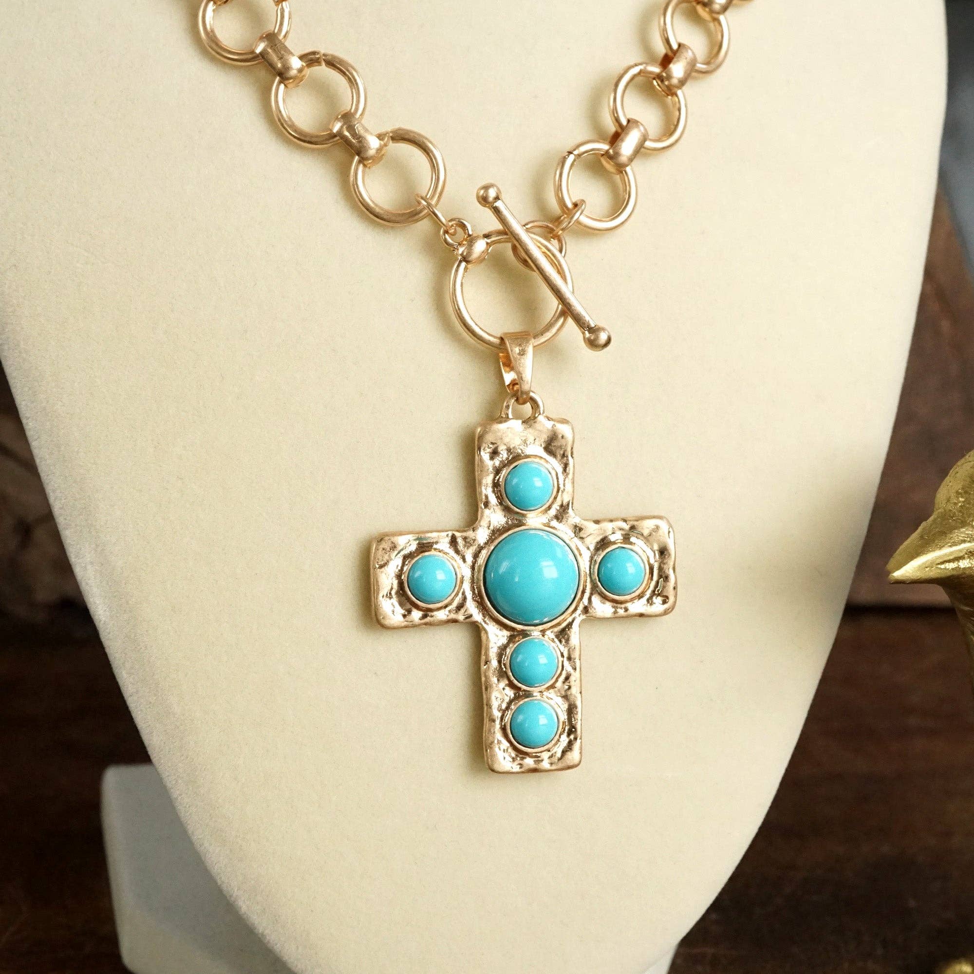 Primitive Cross Necklace – Worn Gold Tone with Acrylic Turquoise or Pearl Cabochons-PennyLine inc-Stuffology - Where Vintage Meets Modern, A Boutique for Real Women in Crosbyton, TX
