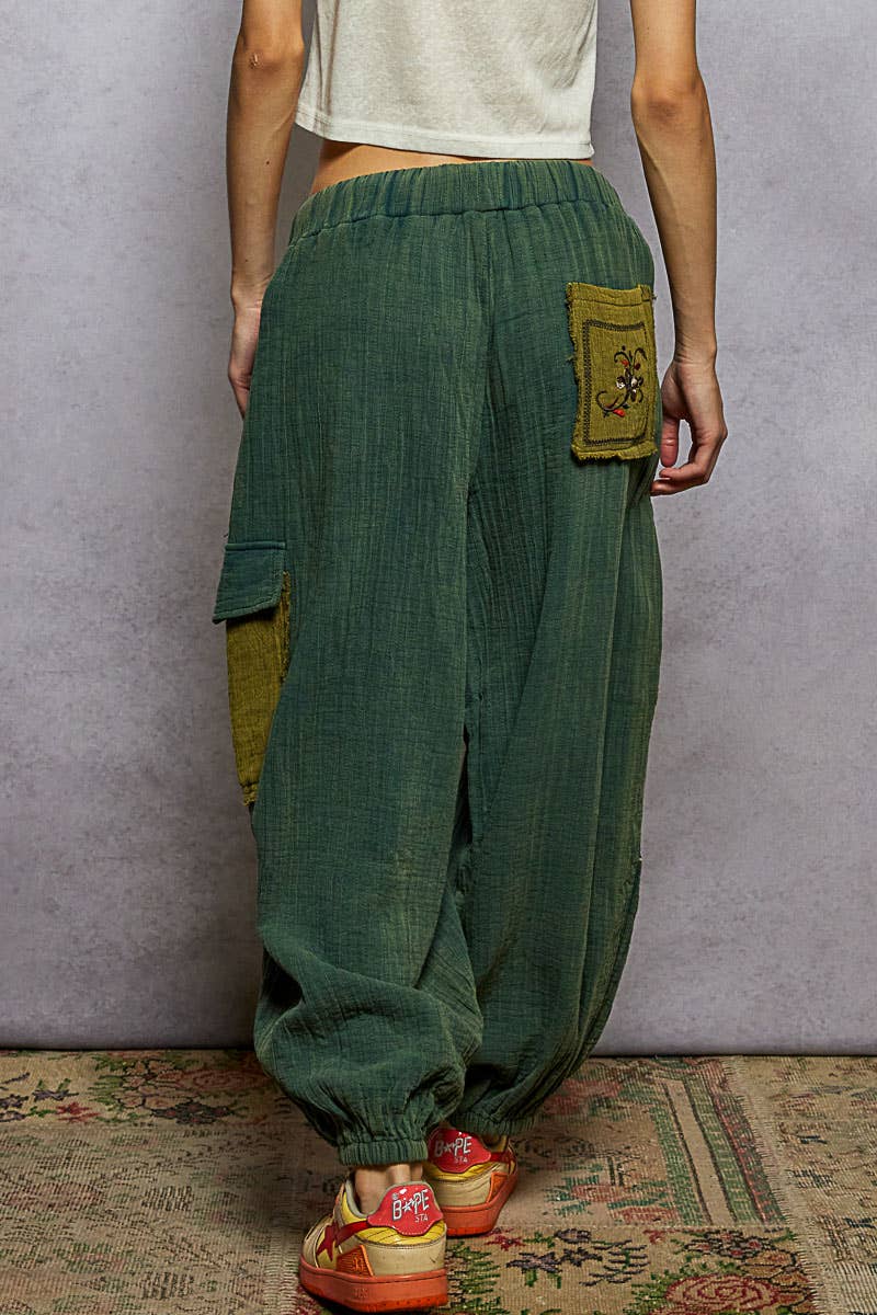 POL Clothing Double gauze floral embroidery accents patch detail pants-pants-Pol Clothing-Stuffology - Where Vintage Meets Modern, A Boutique for Real Women in Crosbyton, TX
