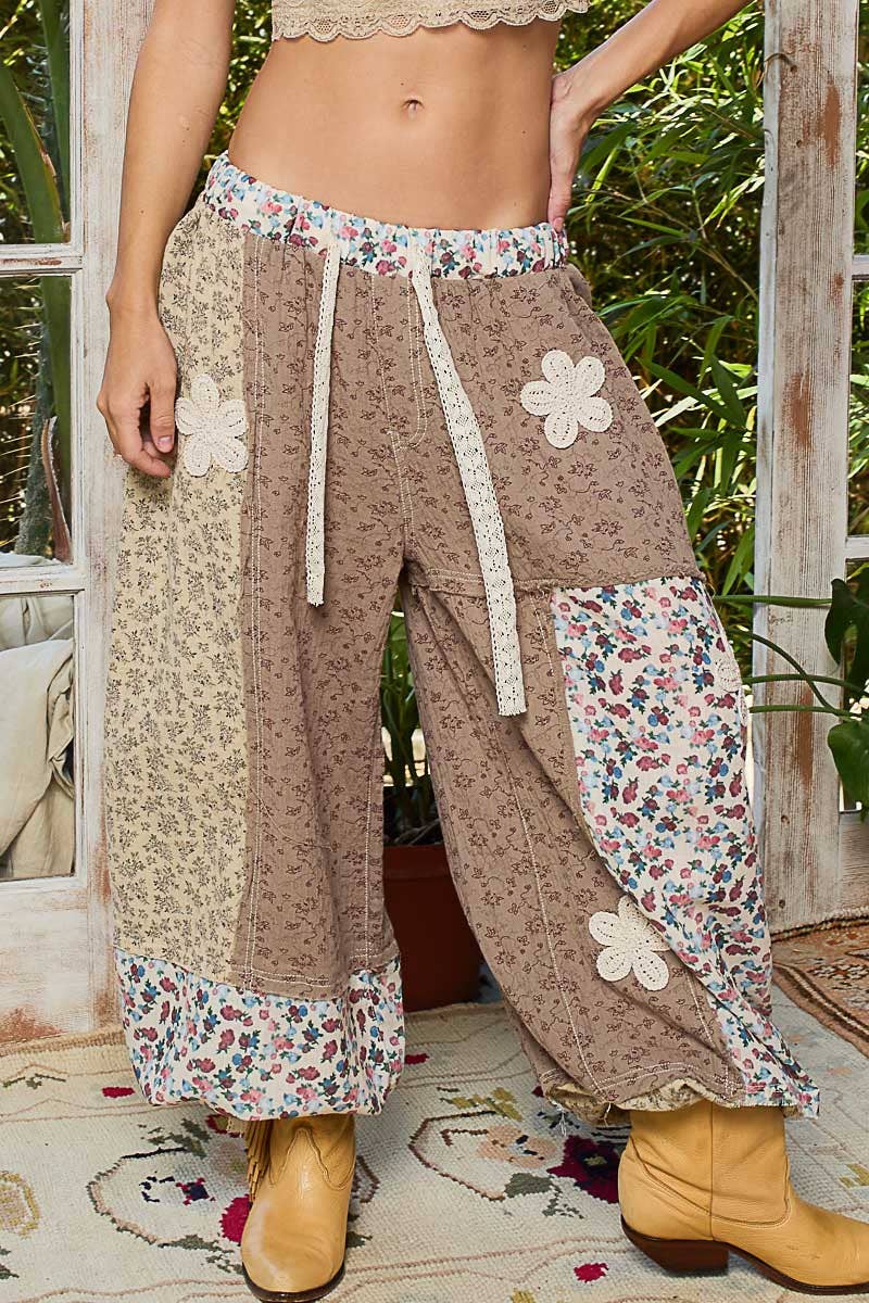 Crochet patch detail contrast patchwork printed woven pants-Pants-Pol Clothing-Stuffology - Where Vintage Meets Modern, A Boutique for Real Women in Crosbyton, TX