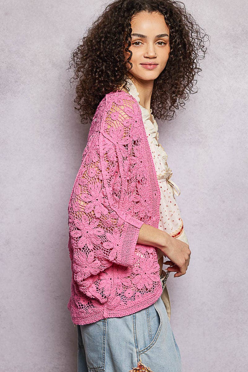 3/4 Sleeve Crochet Button Down Bubble Gum Pink Cardigan-Pol Clothing-Stuffology - Where Vintage Meets Modern, A Boutique for Real Women in Crosbyton, TX