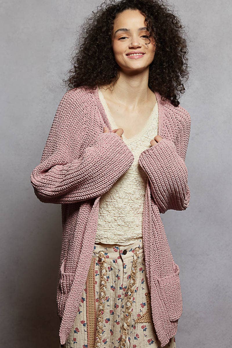 POL Clothing - Long sleeve front pocket chenille sweater open cardigan-Sweater Cardigan-Pol Clothing-Stuffology - Where Vintage Meets Modern, A Boutique for Real Women in Crosbyton, TX