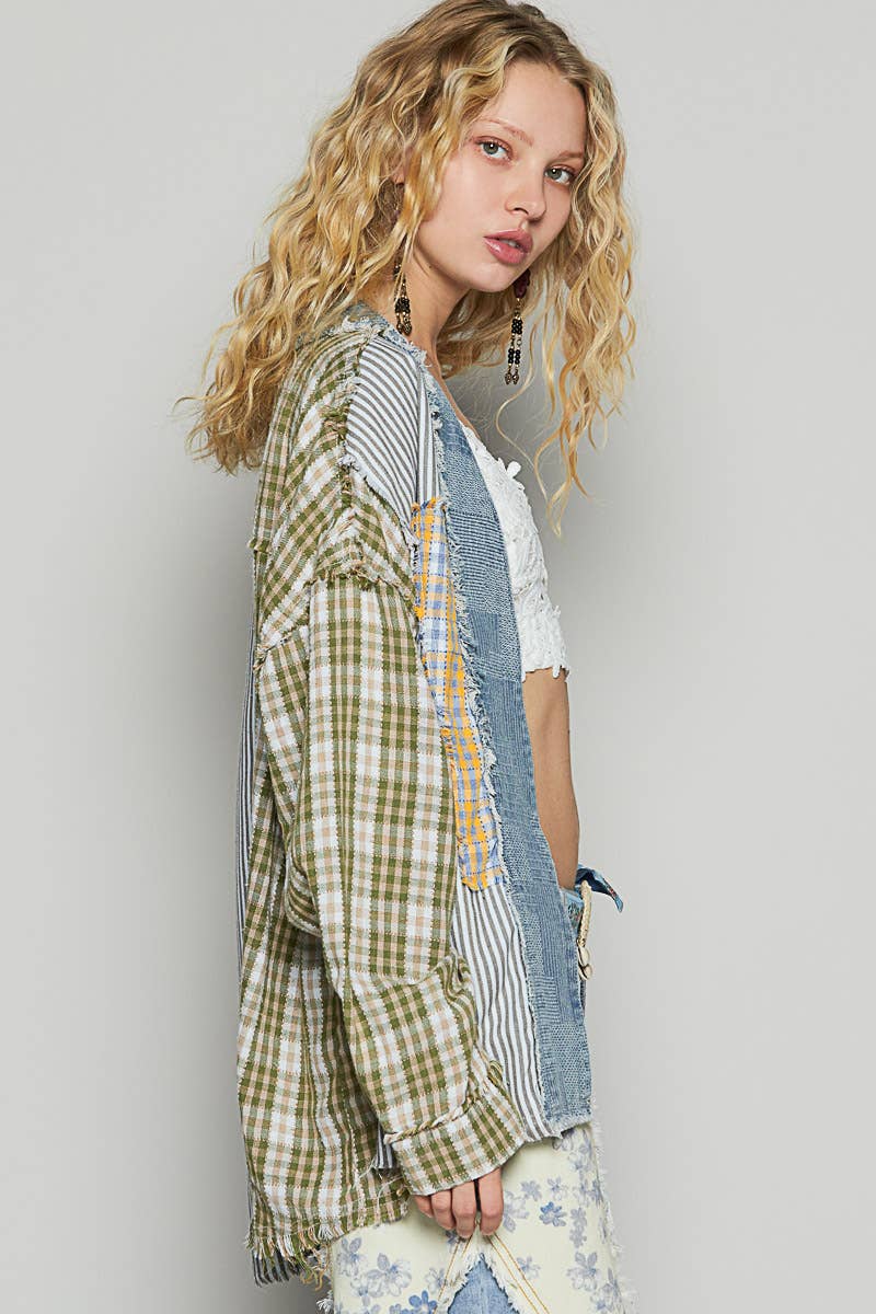 V-neck contrast printed woven cardigan top SALE-Pol Clothing-Stuffology - Where Vintage Meets Modern, A Boutique for Real Women in Crosbyton, TX