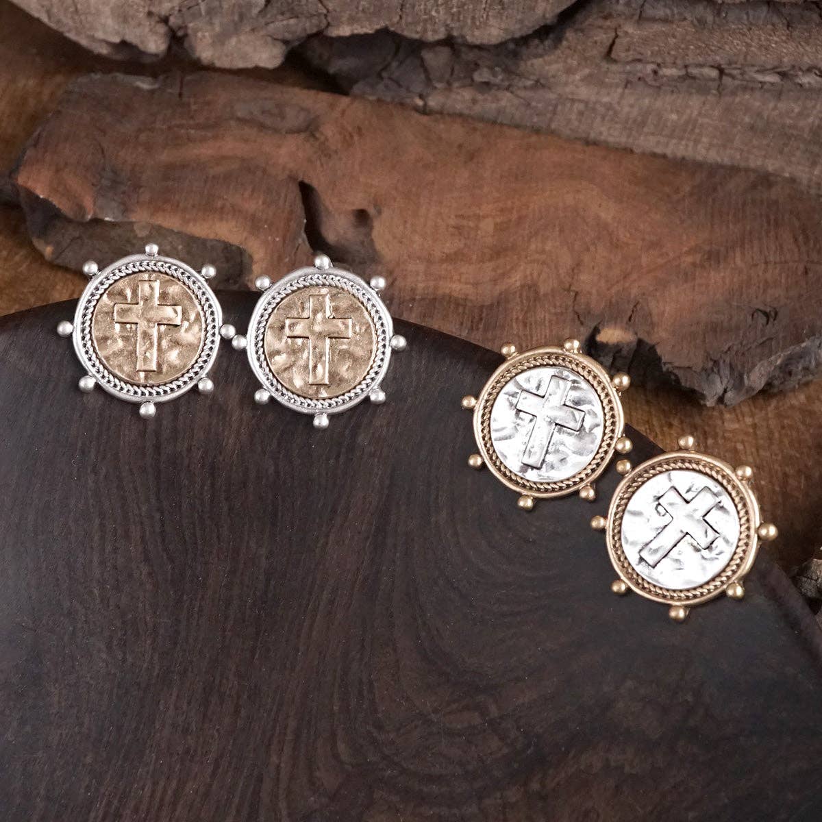 Divine Duo – Two-Tone Cross Coin Stud Earrings-Earrings-PennyLine inc-Stuffology - Where Vintage Meets Modern, A Boutique for Real Women in Crosbyton, TX