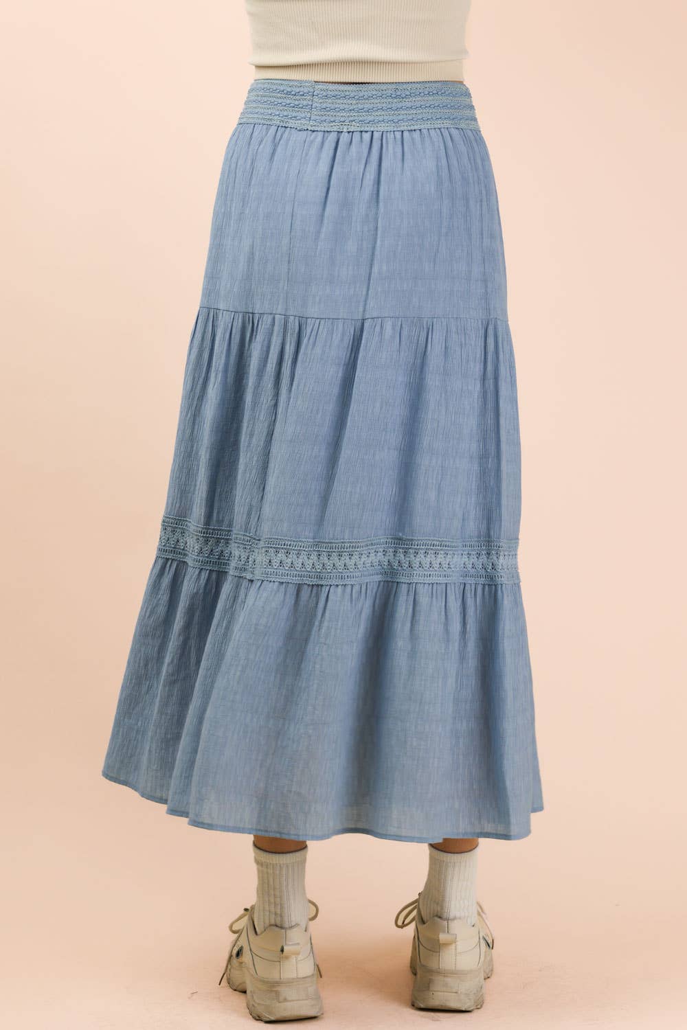 Tiered Layers Solid Woven Skirt W/ Lace Trim-Skirts-VERY J-Stuffology - Where Vintage Meets Modern, A Boutique for Real Women in Crosbyton, TX