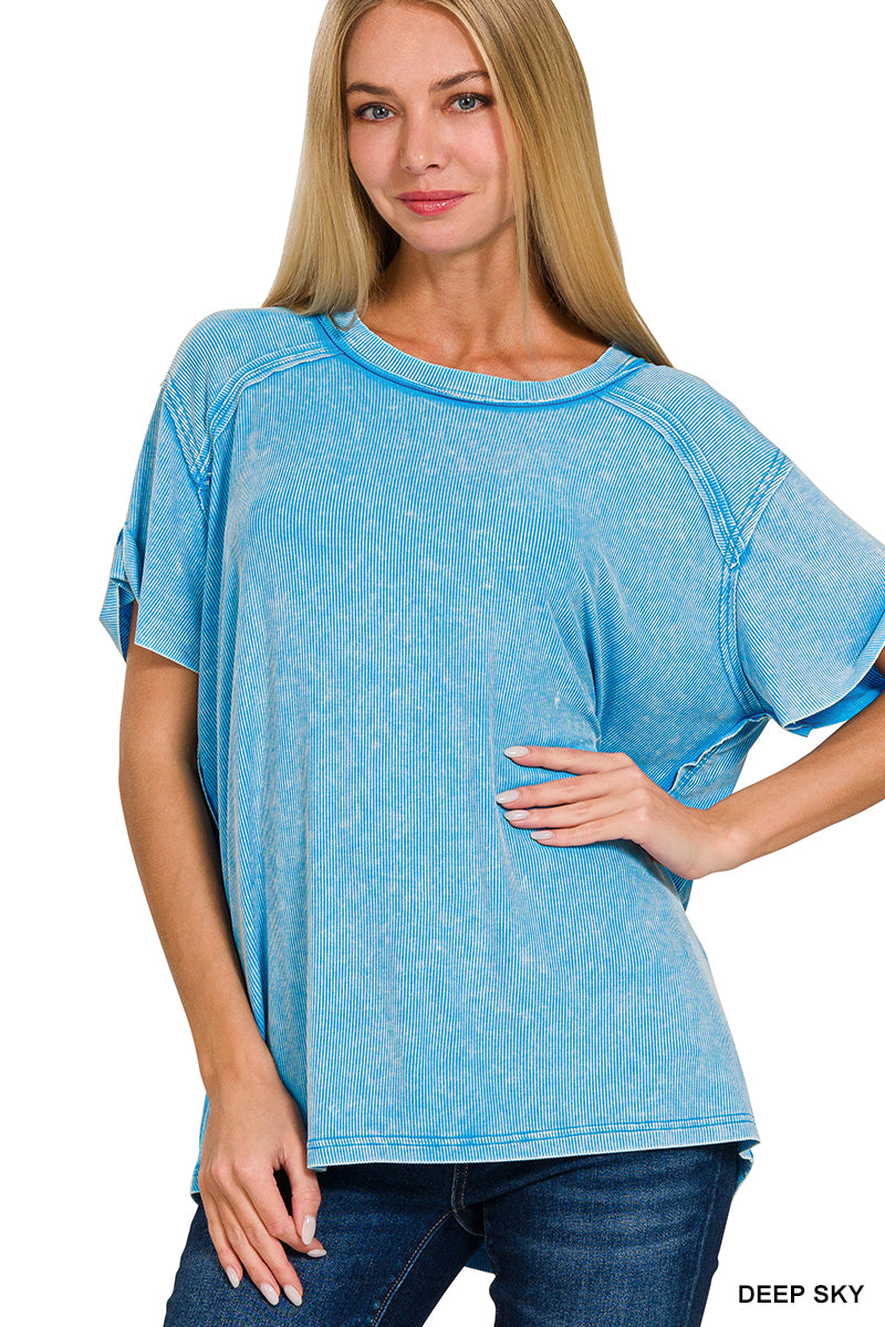 Acid Wash Short Sleeve Ribbed Top-Tees-Stuffology Boutique -Stuffology - Where Vintage Meets Modern, A Boutique for Real Women in Crosbyton, TX