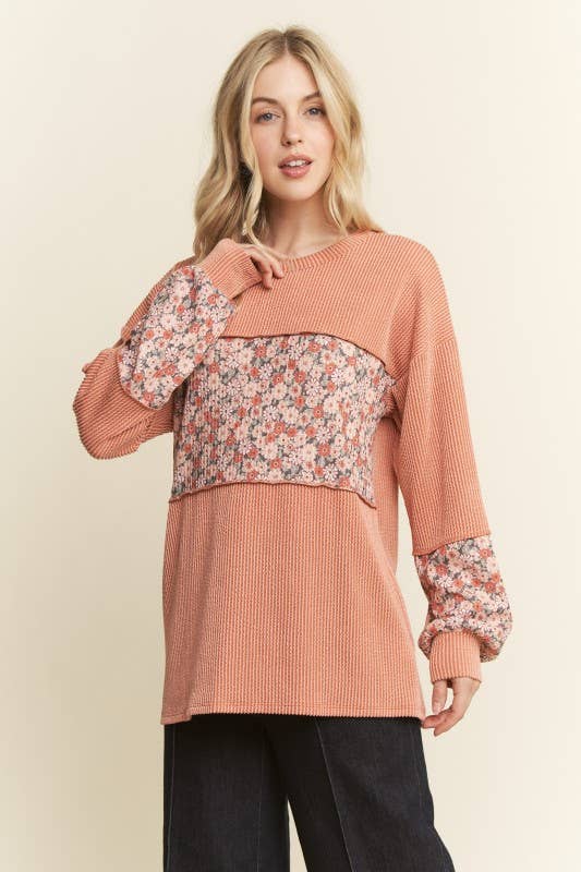 LONG SLEEVE RIBBED FLORAL TOP-TOP-HEIMISH-Stuffology - Where Vintage Meets Modern, A Boutique for Real Women in Crosbyton, TX