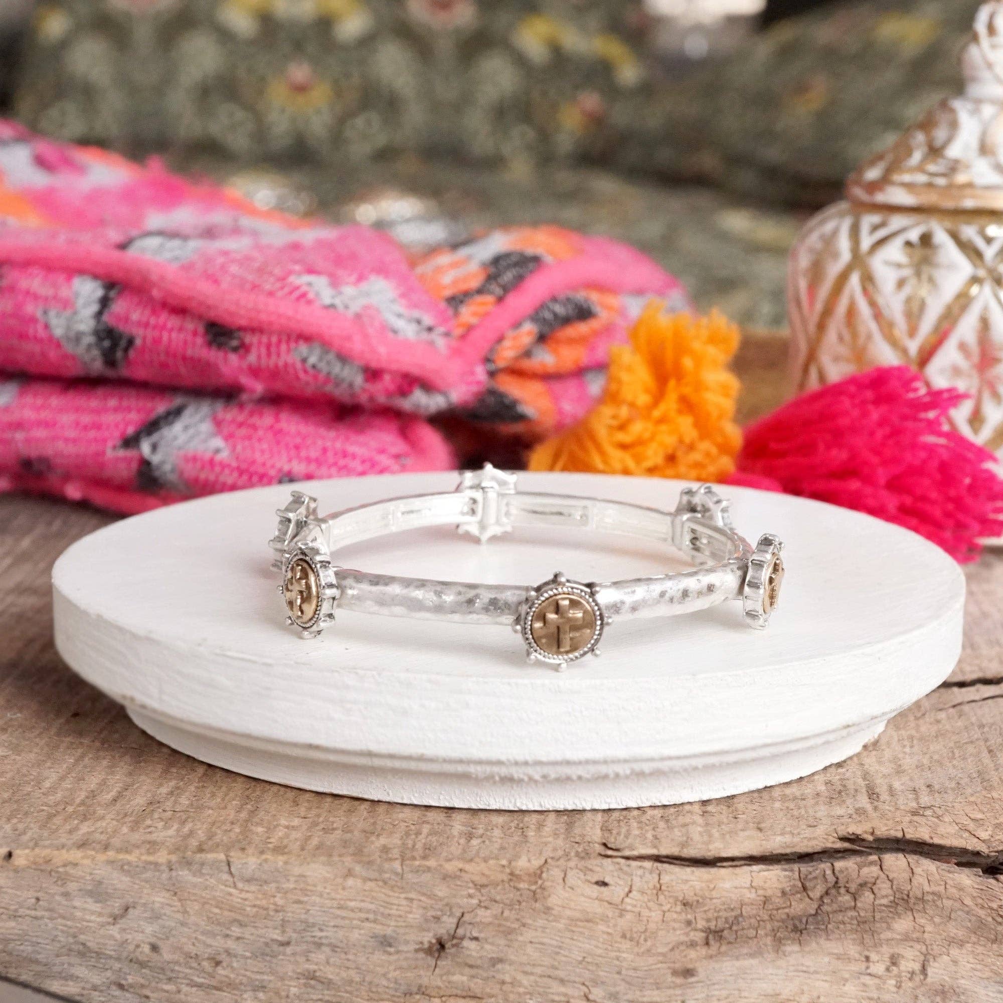 Cross Coin Bangle in Worn Silver or Gold Tone-Bracelets-PennyLine inc-Stuffology - Where Vintage Meets Modern, A Boutique for Real Women in Crosbyton, TX