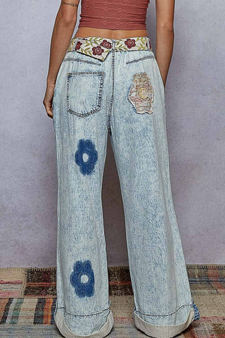 Floral Patchwork Rolled-up Denim Straight Pants-Jeans-Pol Clothing-Stuffology - Where Vintage Meets Modern, A Boutique for Real Women in Crosbyton, TX