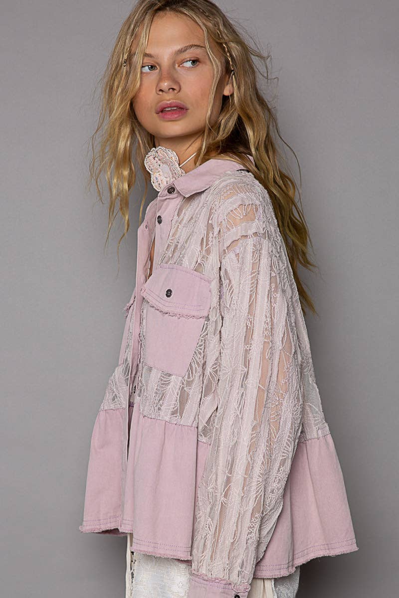 Oversize button down lace pattern casual shacket top-Pol Clothing-Stuffology - Where Vintage Meets Modern, A Boutique for Real Women in Crosbyton, TX