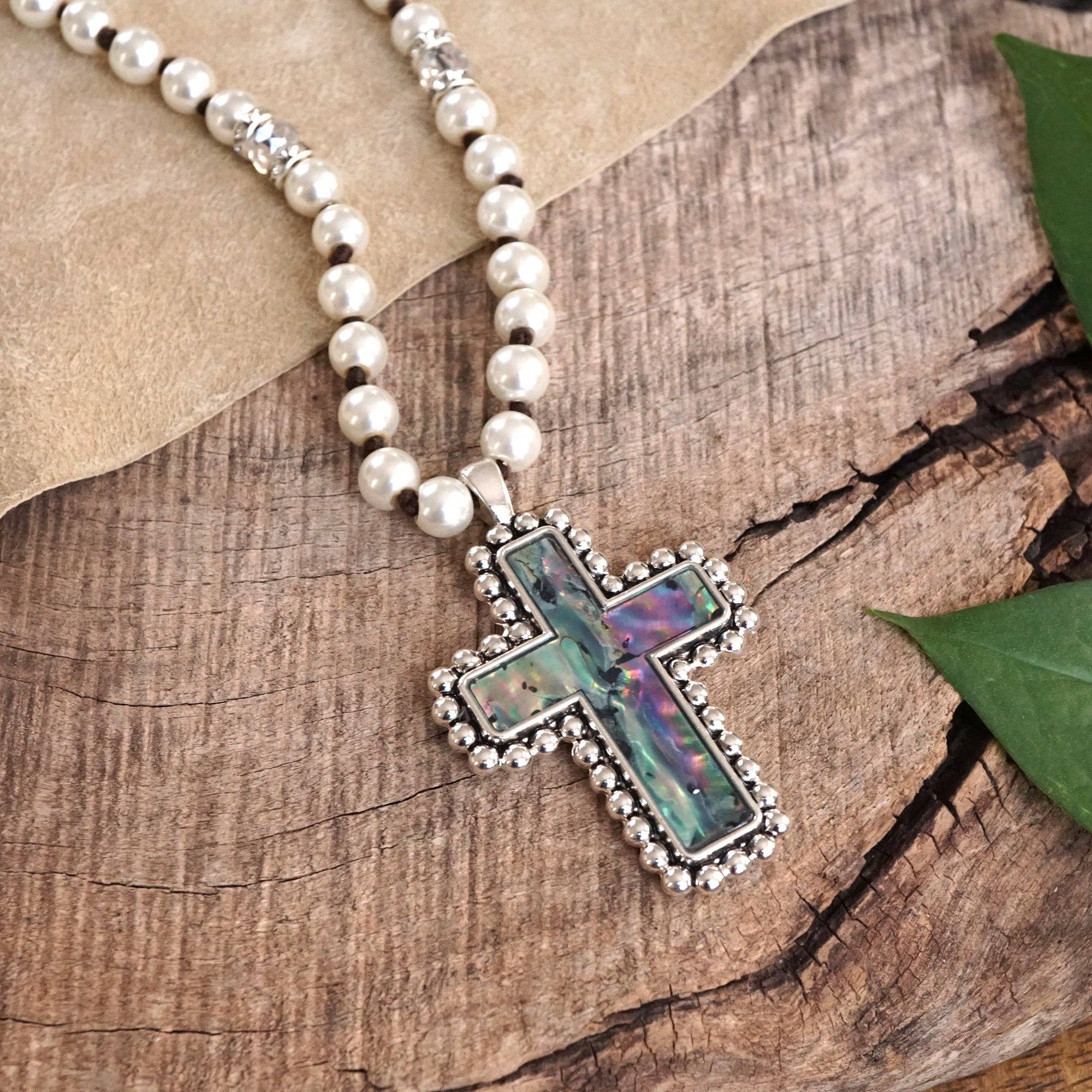 Pearlized beads Necklace with Cross and Clover pendant Mother of Pearl Abalone-PennyLine inc-Stuffology - Where Vintage Meets Modern, A Boutique for Real Women in Crosbyton, TX