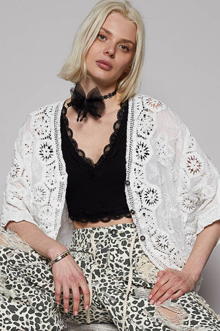 V-neck crochet woven roomy fit cardigan top-Gauze Cardigan-Pol Clothing-Stuffology - Where Vintage Meets Modern, A Boutique for Real Women in Crosbyton, TX