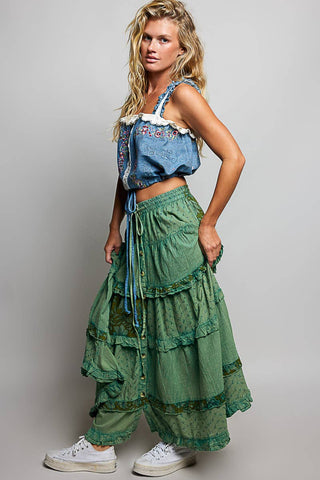POL Clothing Boho Tie Waistband Patchwork Tiered Ruffle Maxi Skirt-Skirts-Pol Clothing-Stuffology - Where Vintage Meets Modern, A Boutique for Real Women in Crosbyton, TX