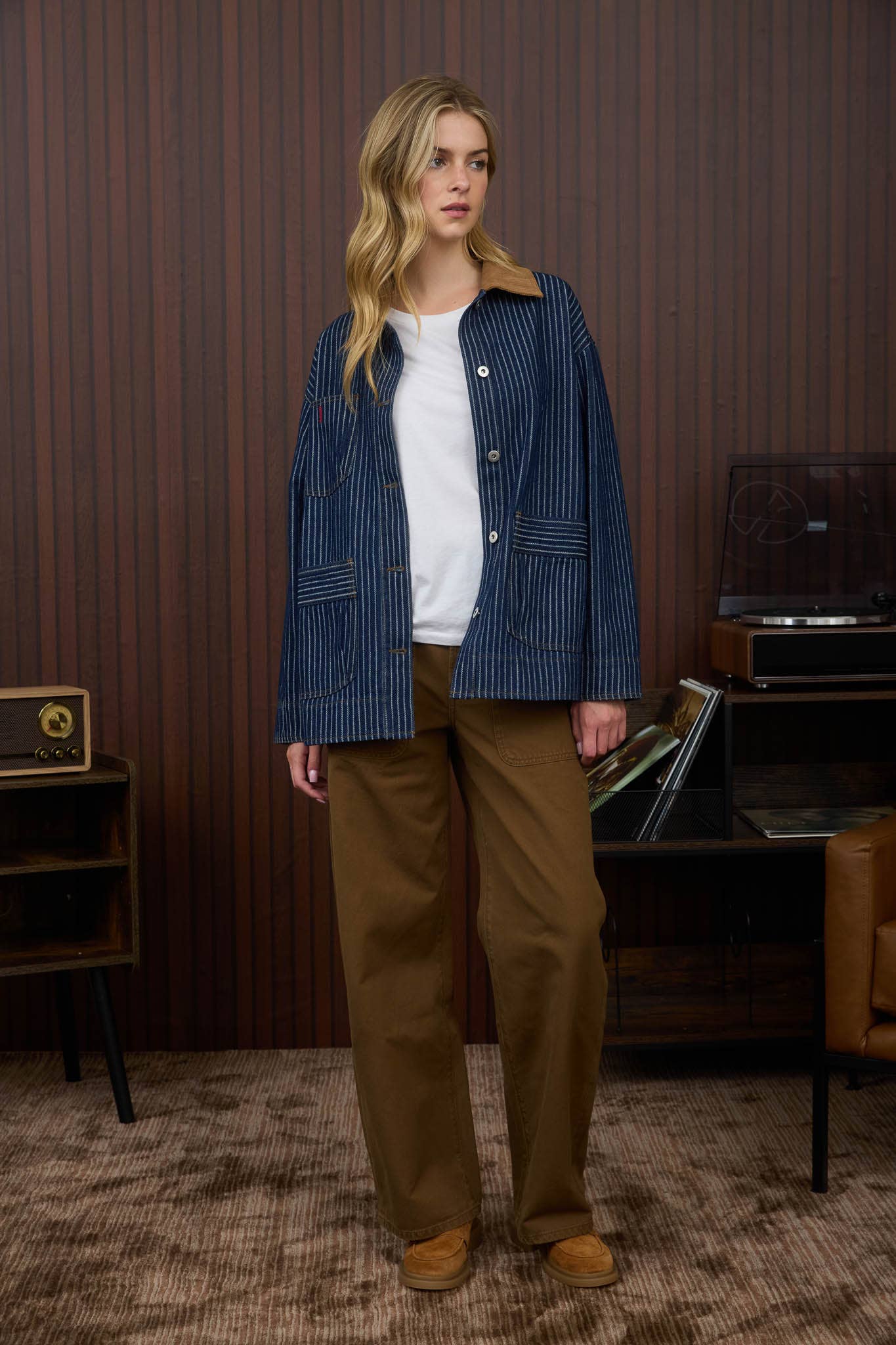 DENIM PINSTRIPE CORDUROY COLLAR JACKET-Denim Jacket-J.O.A-Stuffology - Where Vintage Meets Modern, A Boutique for Real Women in Crosbyton, TX