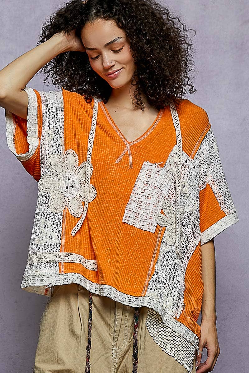 POL Clothing Orange Crochet Patch Hoodie Top-Hoodie-Pol Clothing-Stuffology - Where Vintage Meets Modern, A Boutique for Real Women in Crosbyton, TX
