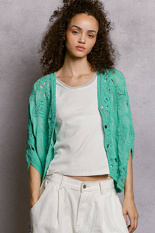 Batwing Sleeve Button Down Solid Crochet Cardigan Top-Pol Clothing-Stuffology - Where Vintage Meets Modern, A Boutique for Real Women in Crosbyton, TX