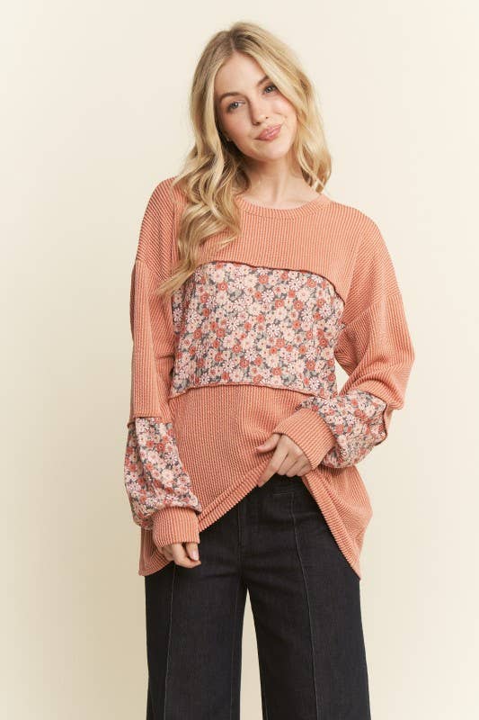 LONG SLEEVE RIBBED FLORAL TOP-TOP-HEIMISH-Stuffology - Where Vintage Meets Modern, A Boutique for Real Women in Crosbyton, TX