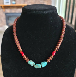 Turquoise, Coral Necklace, wood beads Native American made-Necklaces-Horse Spirit Studio-Stuffology - Where Vintage Meets Modern, A Boutique for Real Women in Crosbyton, TX