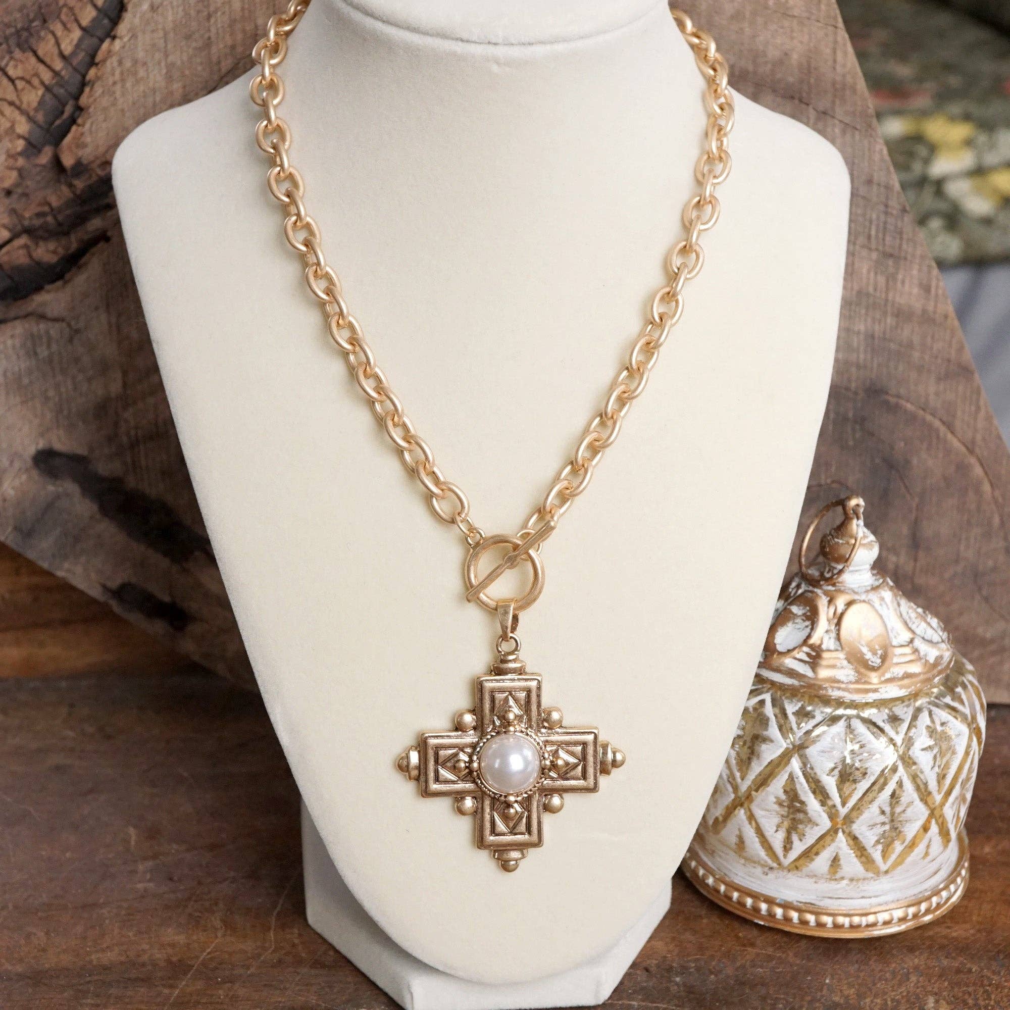 Decorative Cross Necklace Worn Gold Tone Front Toggle and Pearl-Necklaces-PennyLine inc-Stuffology - Where Vintage Meets Modern, A Boutique for Real Women in Crosbyton, TX